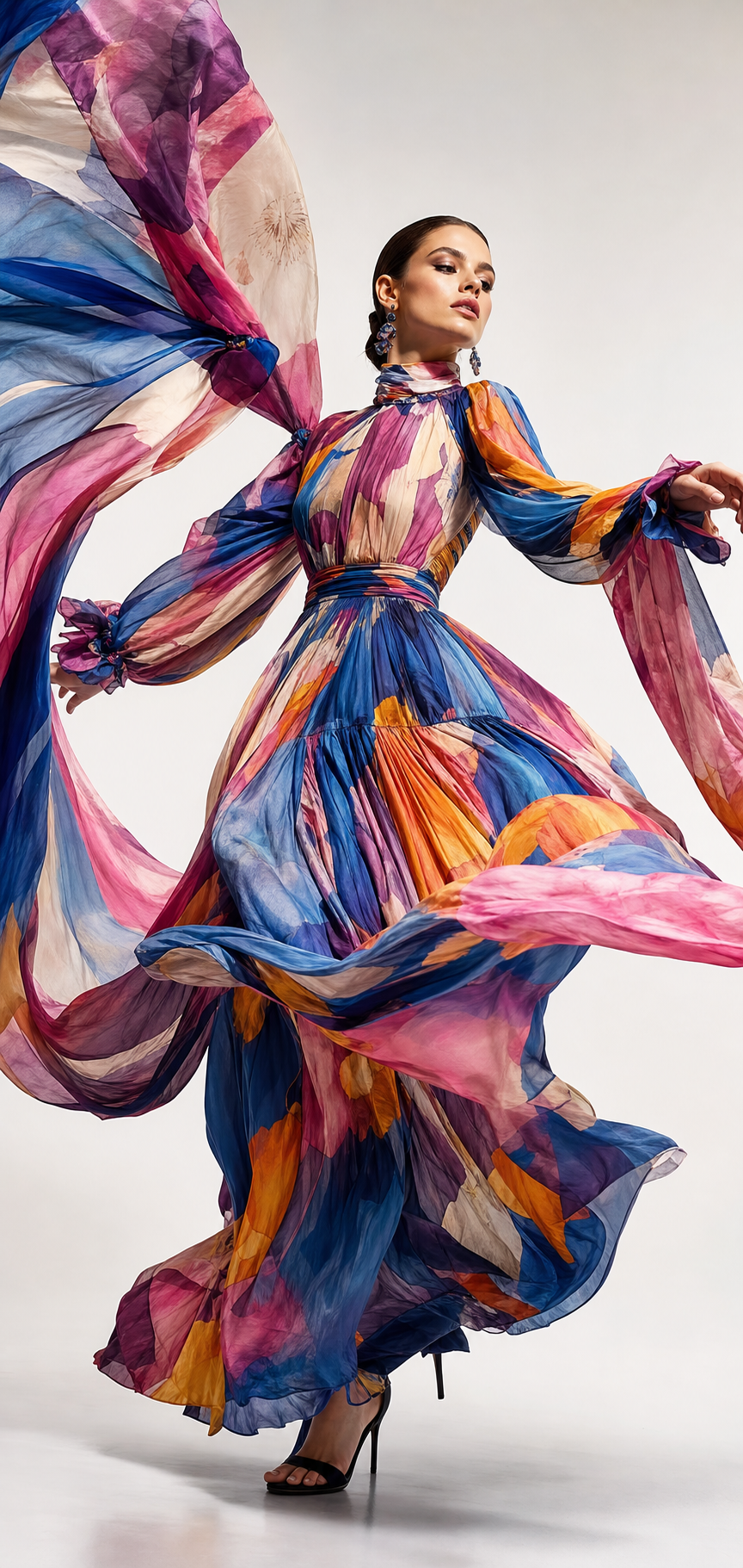Posa di moda dinamica con tessuto in movimento